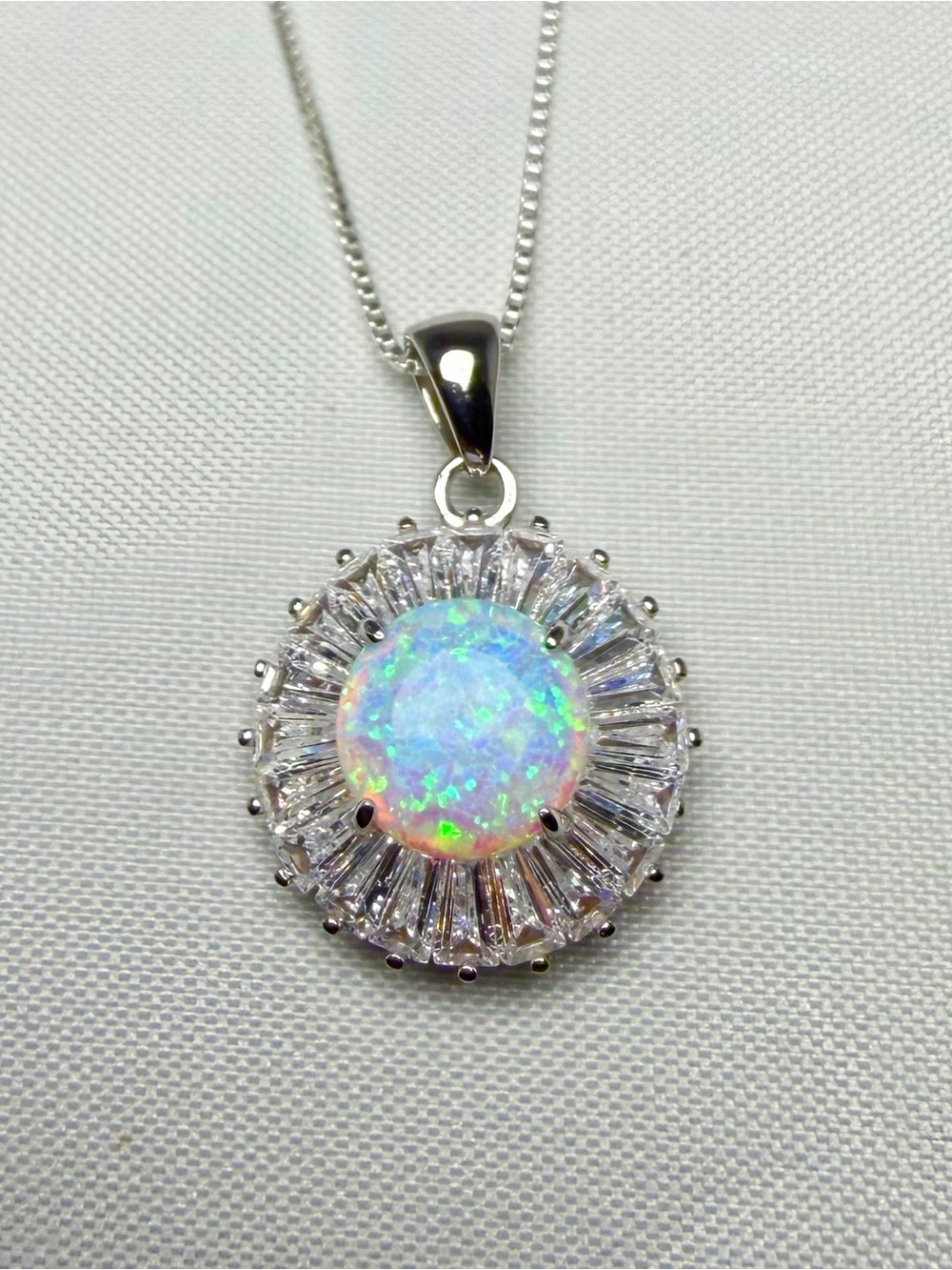Opal Halo Pendant Necklace Sterling Silver 18in Italian Box Chain Lab Grown
